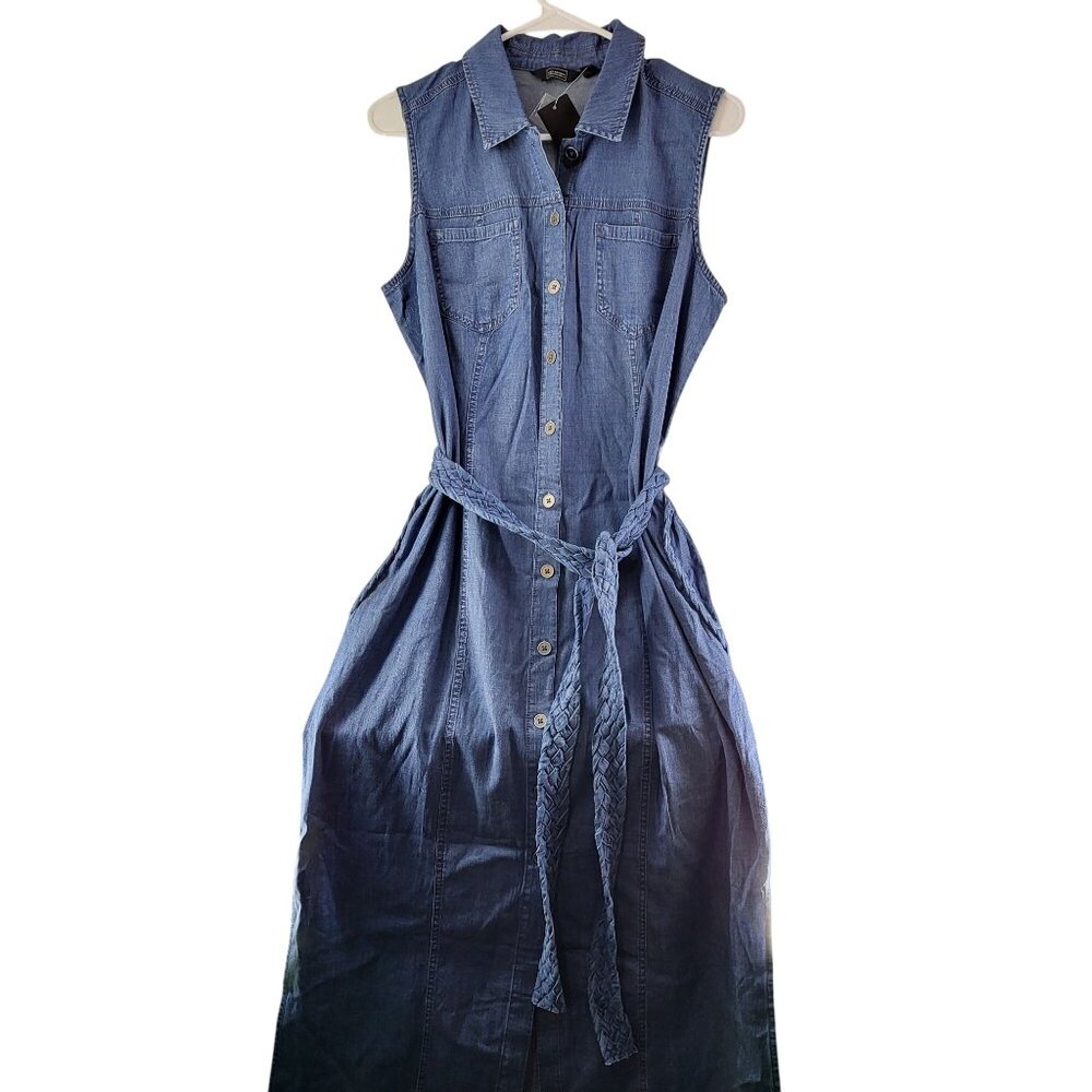Women's Sleeveless Denim Button-Down Maxi Dress Braided Belt G By Giuliana M NWT - Picture 2 of 15